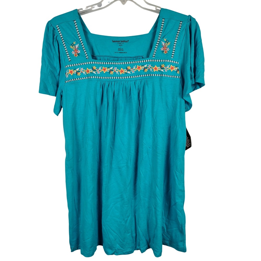NWT Woman Within Womens L 18/20 Embroidered Square Neck Top Teal Boho Style